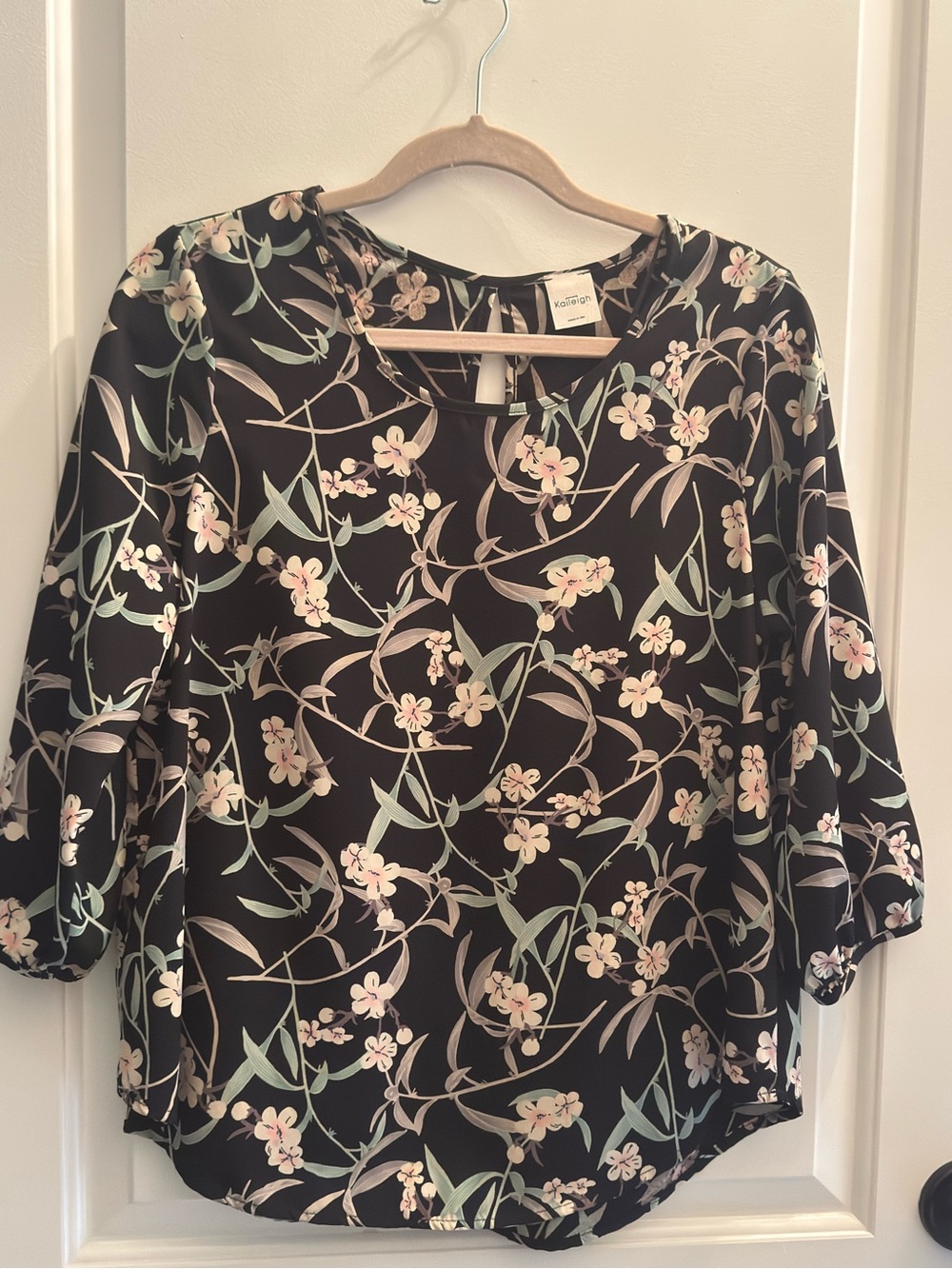Women's Black Floral Blouse with Pink & Green Accents